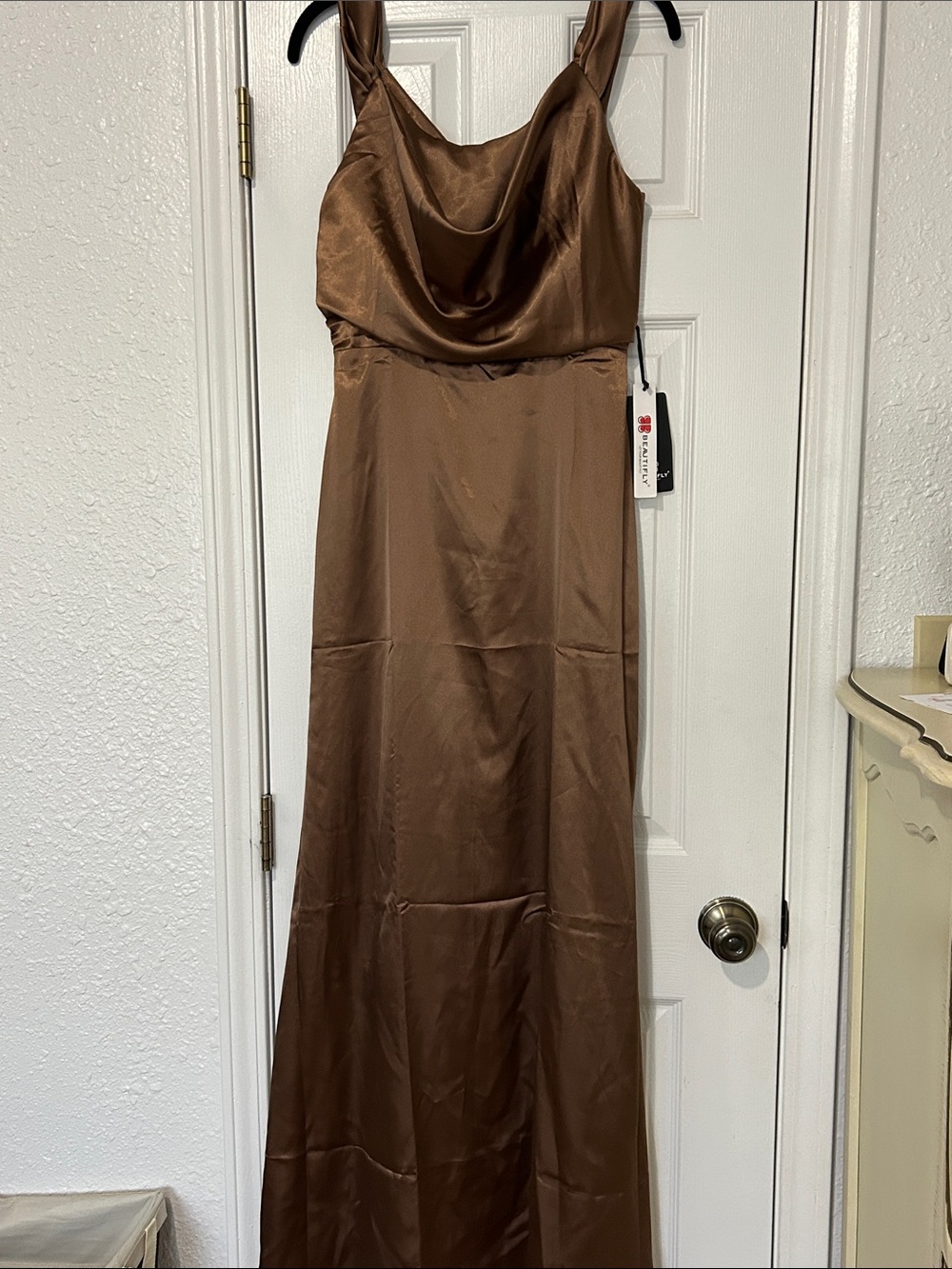 Brown Satin Cowl Neck Maxi Dress